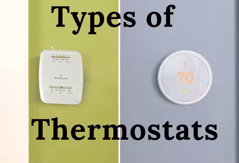 "Types of Thermostats: analog on green wall and digital smart thermostat showing 70°F"