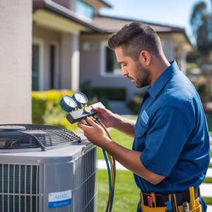 HVAC system in San Jose technician servicing outdoor AC unit