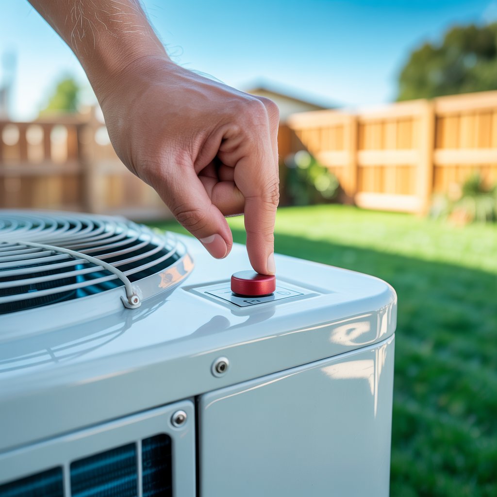 Hand pressing a red reset button on an outdoor air conditioning unit in a sunny backyard.