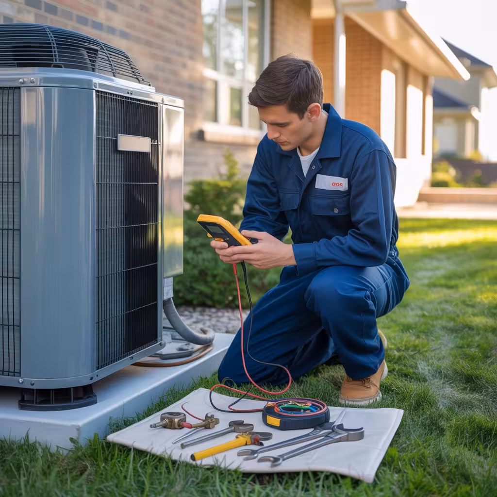 Technician using professional tools to inspect a residential heating and air conditioning unit.