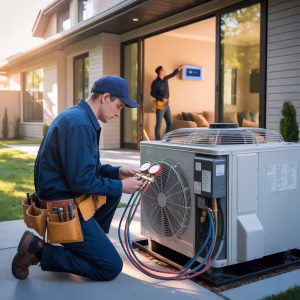 An HVAC technician in a blue uniform services an outdoor AC unit using pressure gauges.
