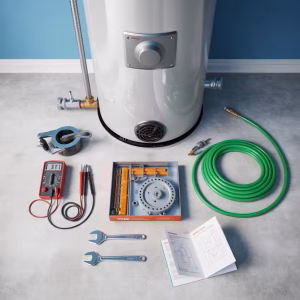 Water heater repair toolkit with multimeter, element wrench, and garden hose for DIY diagnosis