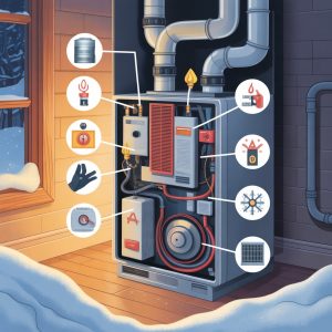 Emergency furnace repair in winter service by HVAC technician diagnosing broken furnace issue