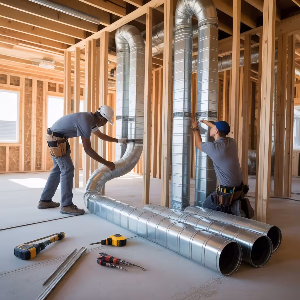 HVAC installation new construction with ductwork before drywall
