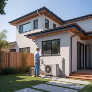 Technician installing central HVAC unit at a new Sacramento home exterior