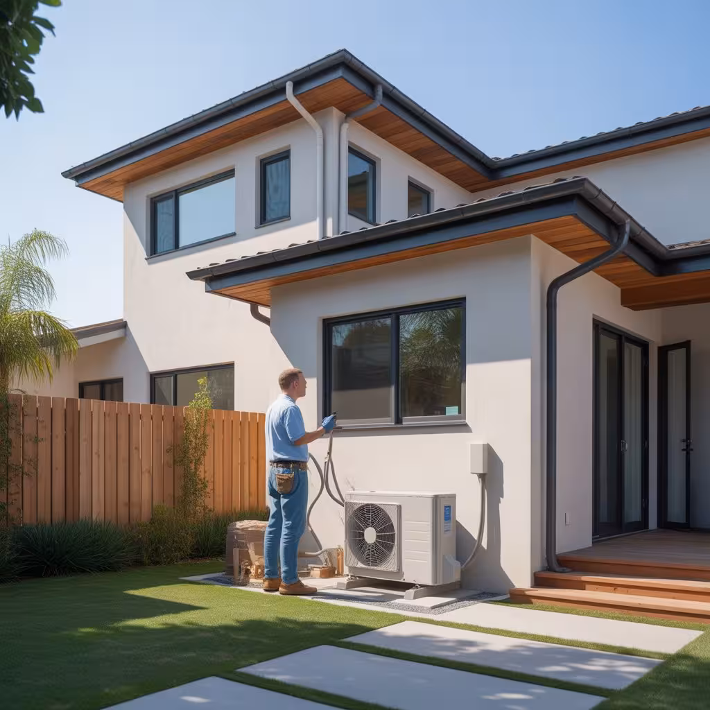 Technician installing central HVAC unit at a new Sacramento home exterior
