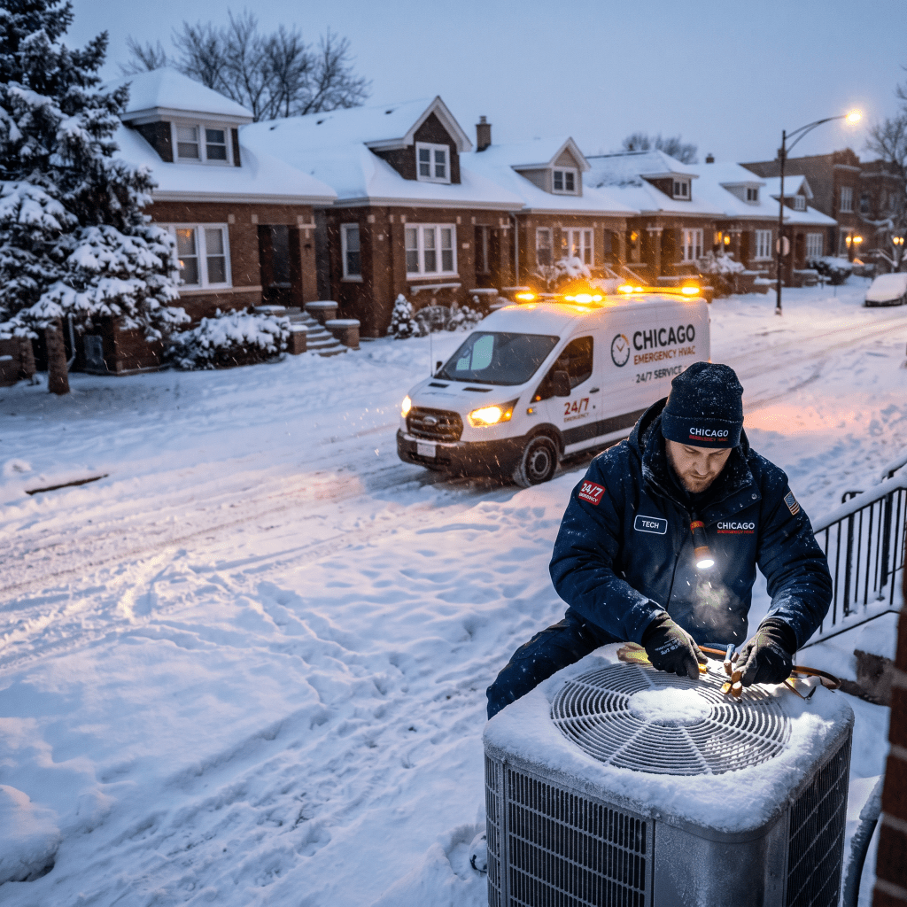 Emergency HVAC service technician repairing AC unit in Chicago home