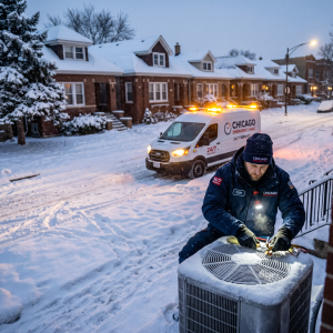 Emergency HVAC service technician repairing AC unit in Chicago home