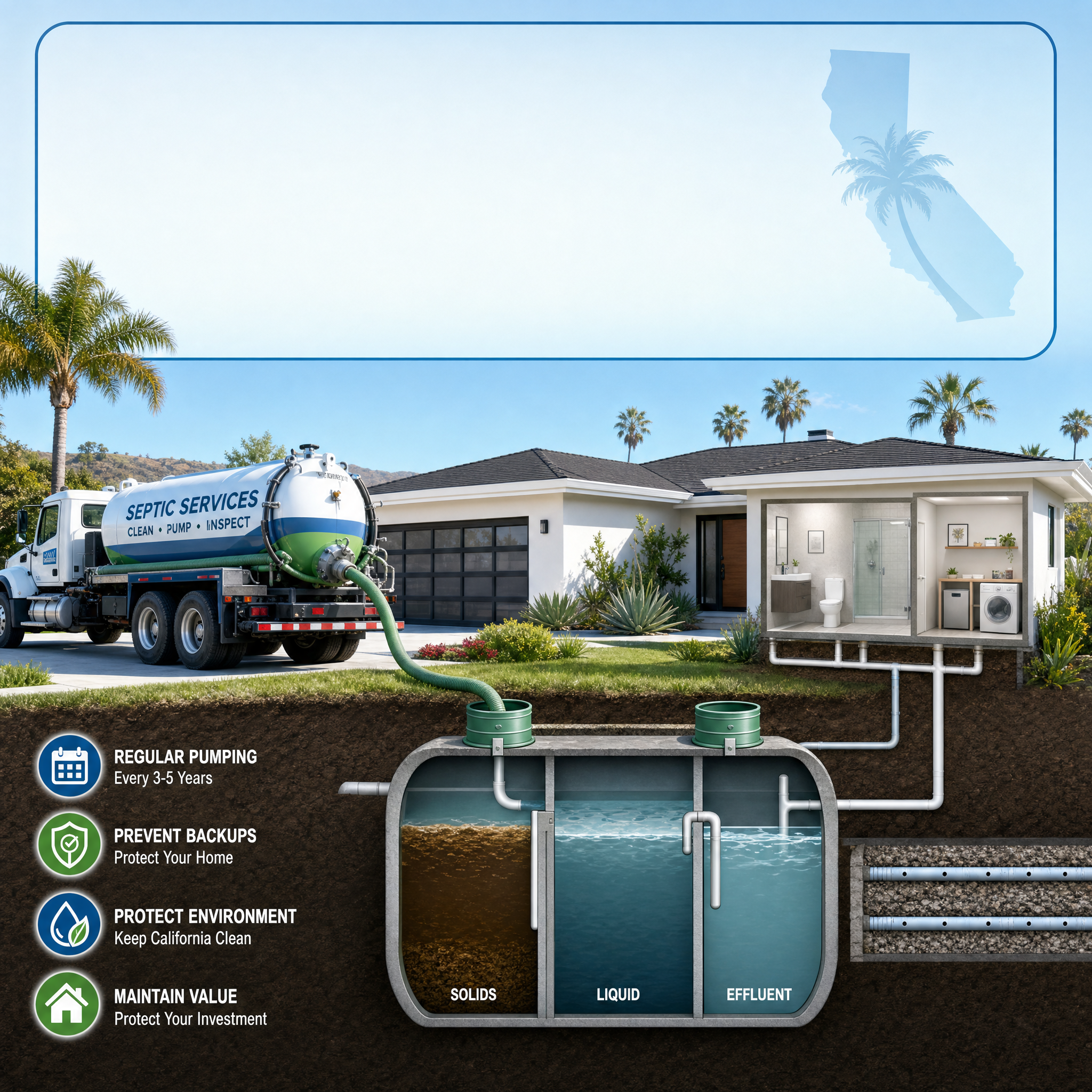 Septic tank pumping service in California residential property
