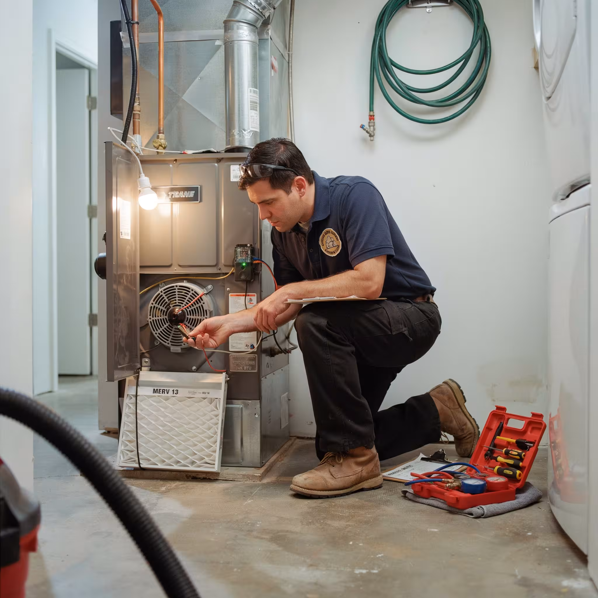 HVAC technician inspecting a furnace not blowing air inside a San Francisco home