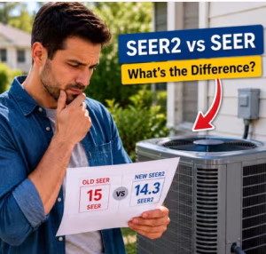 Modern air conditioner with SEER2 energy rating label beside a residential home.