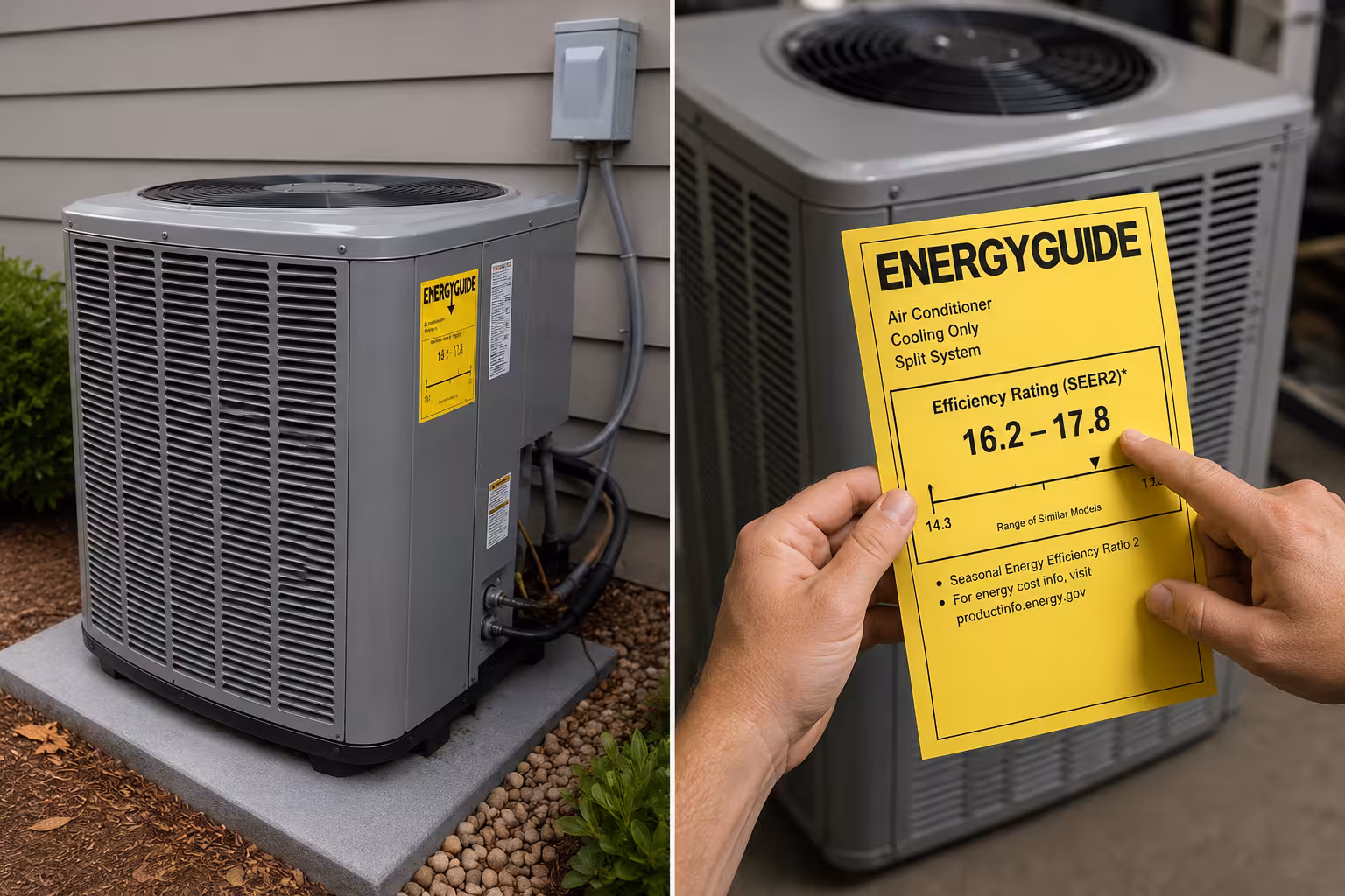 Homeowner comparing SEER2 vs SEER ratings using an HVAC efficiency chart.