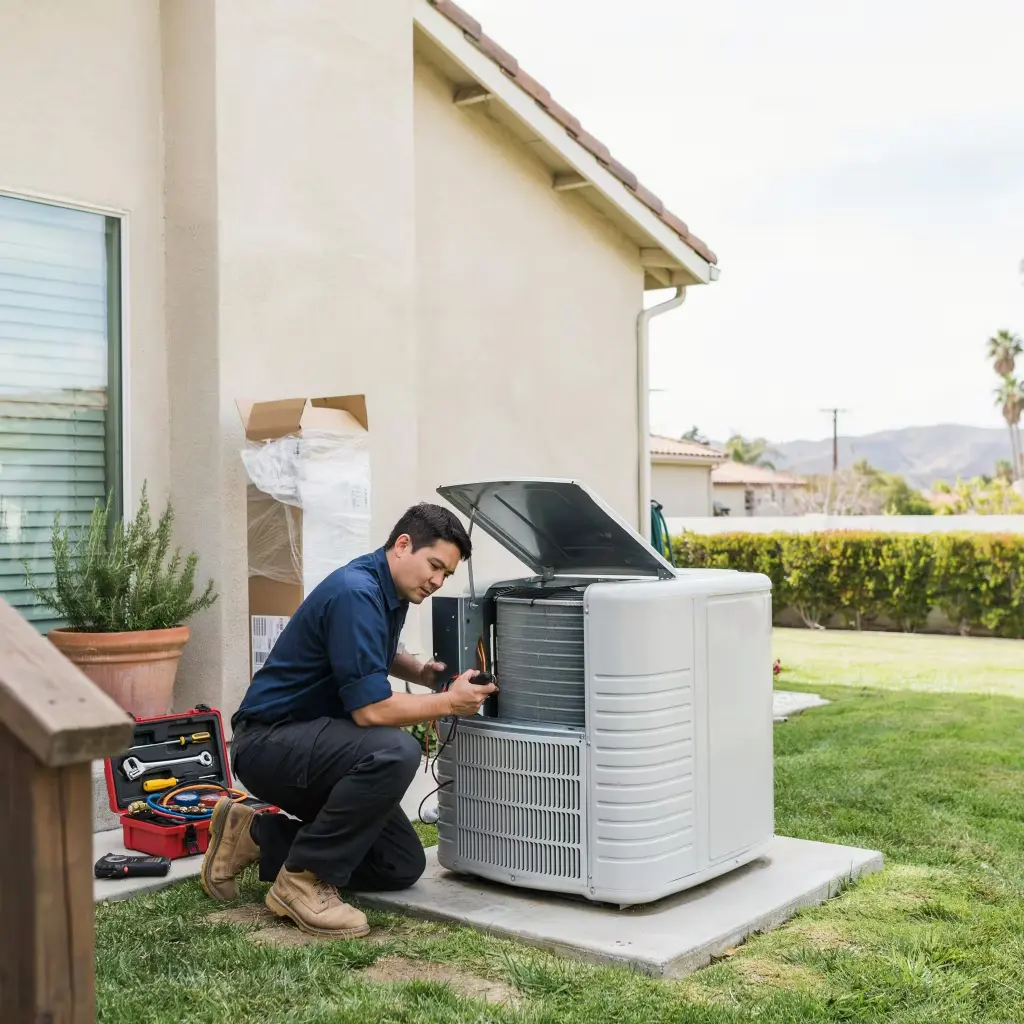 HVAC technician inspecting a heat pump system in California