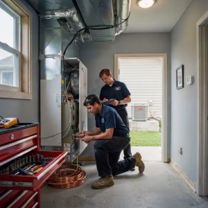 HVAC replacement installation with technician replacing indoor and outdoor units