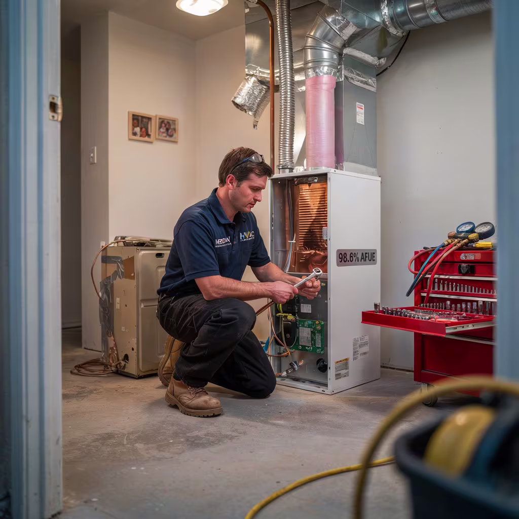Technician performing HVAC replacement during a residential system installation