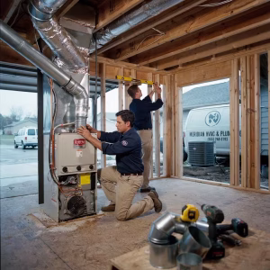 HVAC installation during new home construction with ductwork, furnace, and outdoor AC unit