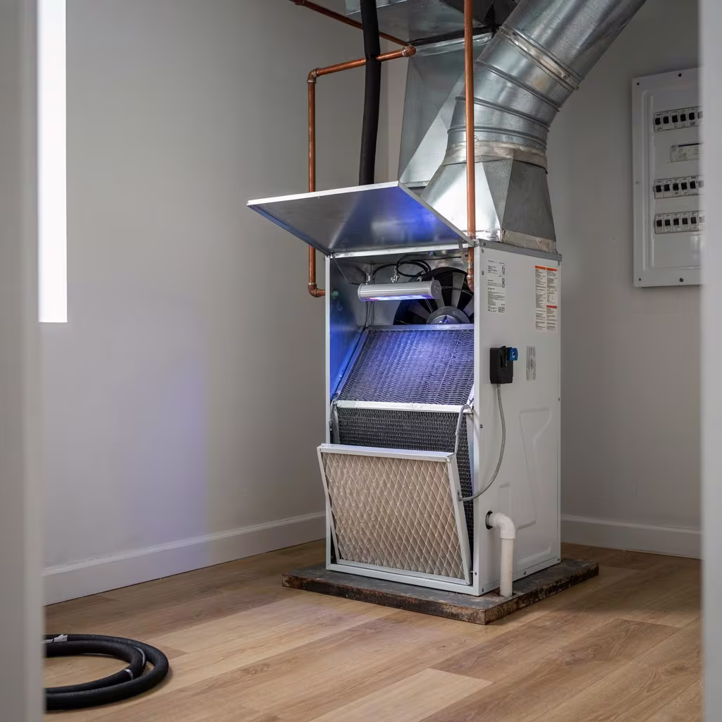 UV-C HVAC air purifier installed beside an HVAC evaporator coil