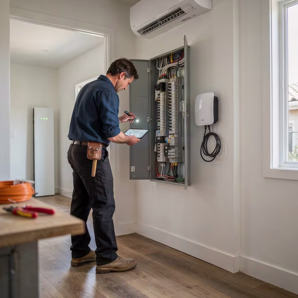 t: Electrician inspecting an electrical panel ready for 2027 in a California home Alt Text Length: 91 characters
